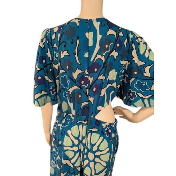 RHODE Zinnia Blue Floral Linen Cut Out Wide Leg Jumpsuit - Picture 5 of 7